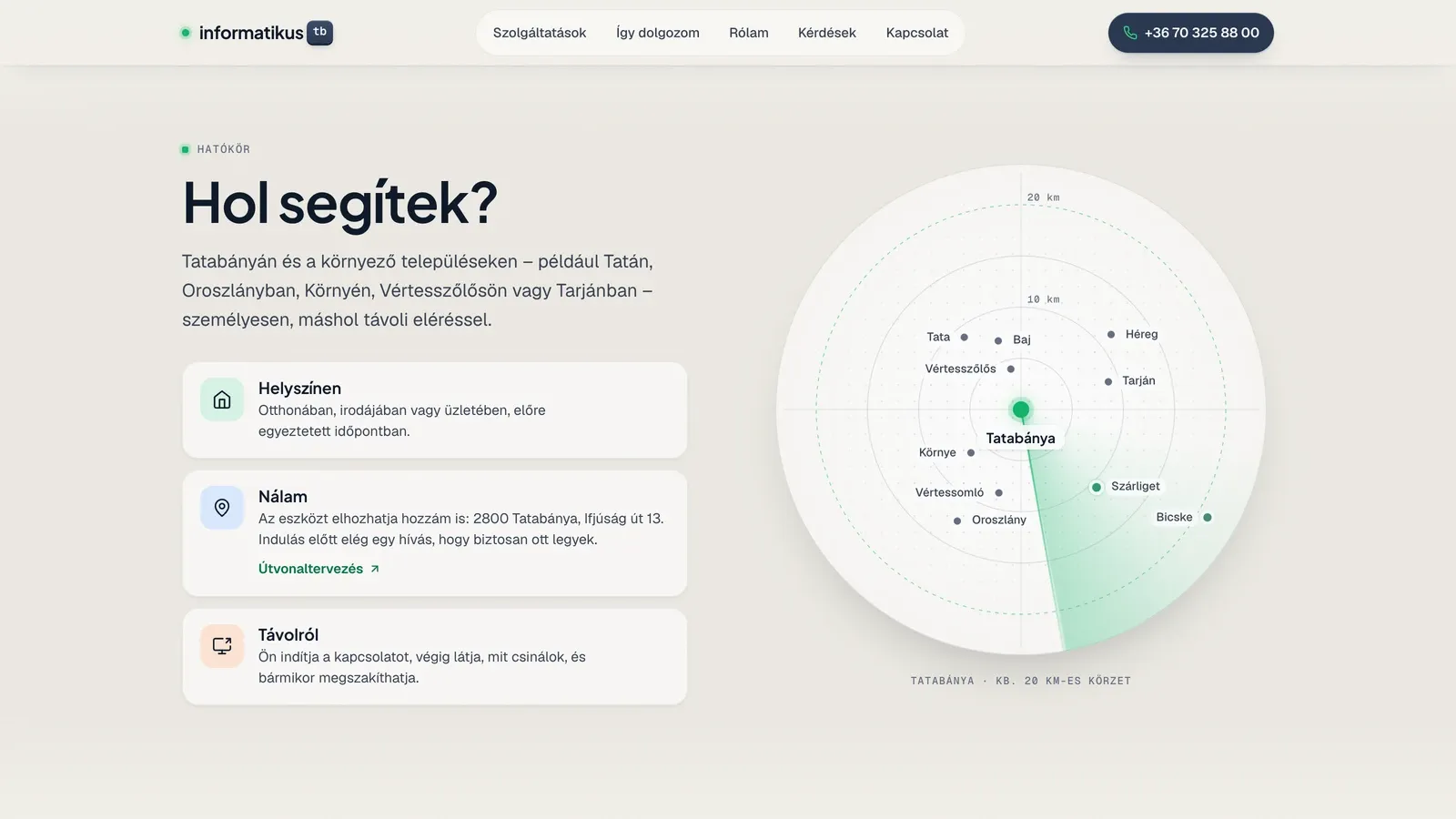 Einzugsgebietskarte um Tatabánya mit 10- und 20-km-Ring, daneben die drei Arbeitsweisen: vor Ort, bei mir, aus der Ferne