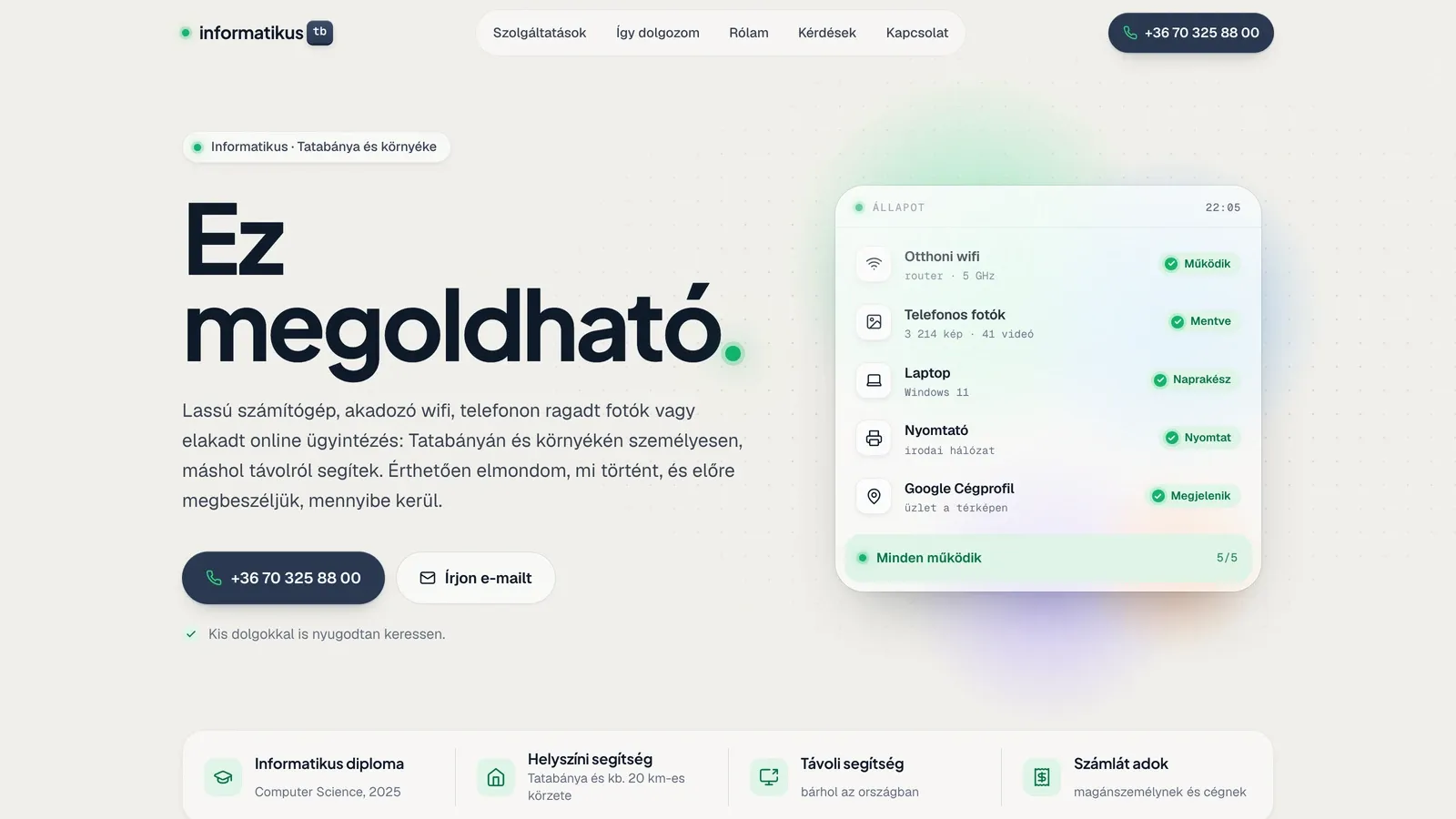 Az informatikustb.hu nyitóképe: „Ez megoldható.” felirat és élő állapotpanel