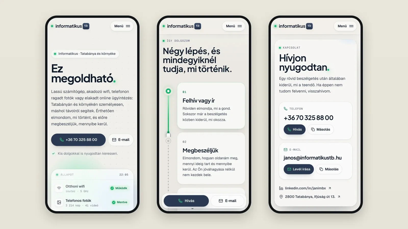 Drei Mobilansichten: Einstieg, die vier Arbeitsschritte und Kontakt, mit fest am unteren Rand stehendem Anruf- und E-Mail-Button