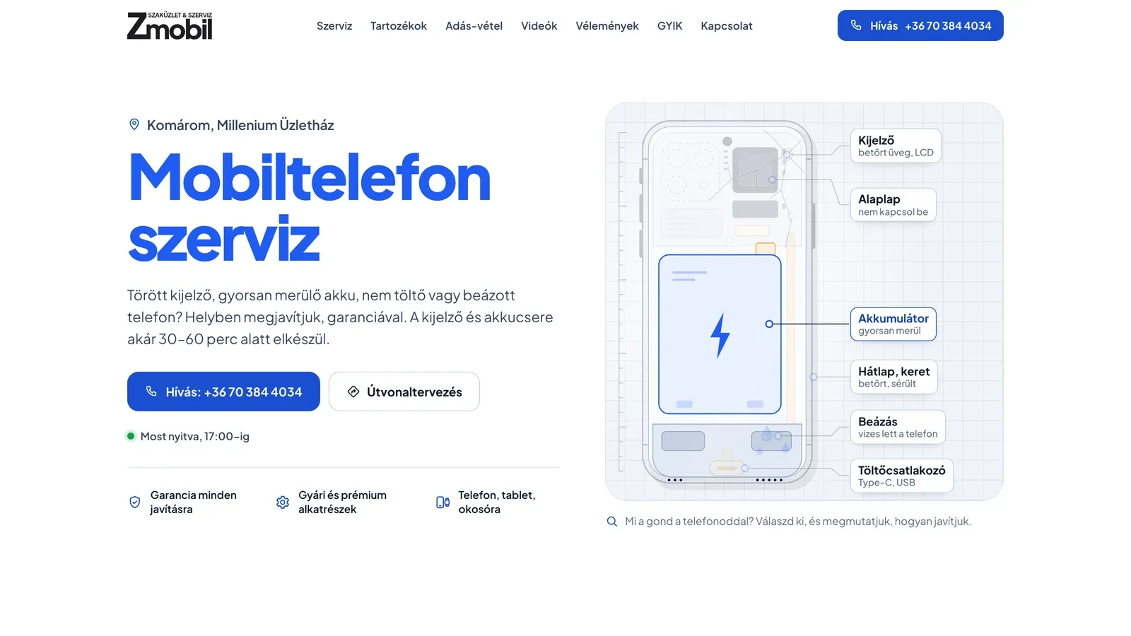 A zmobil.hu nyitóképe: Mobiltelefon szerviz Komárom, interaktív telefonábrával